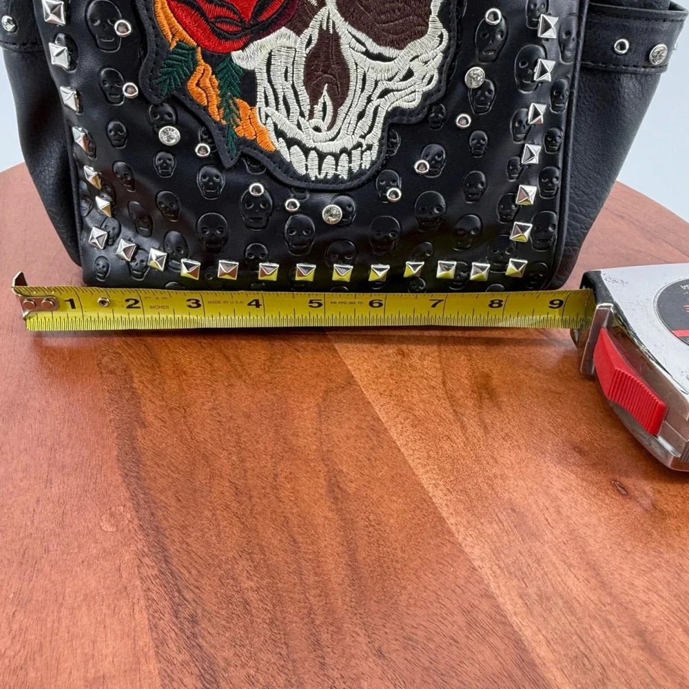 Black Faux Leather Skull Rose Embroidered Studded Mini Backpack Goth Edgy‎ New